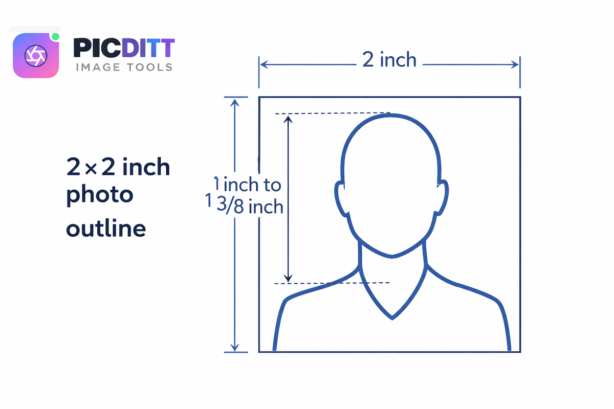 Diagram showing 2×2 inch passport photo size and required head height range