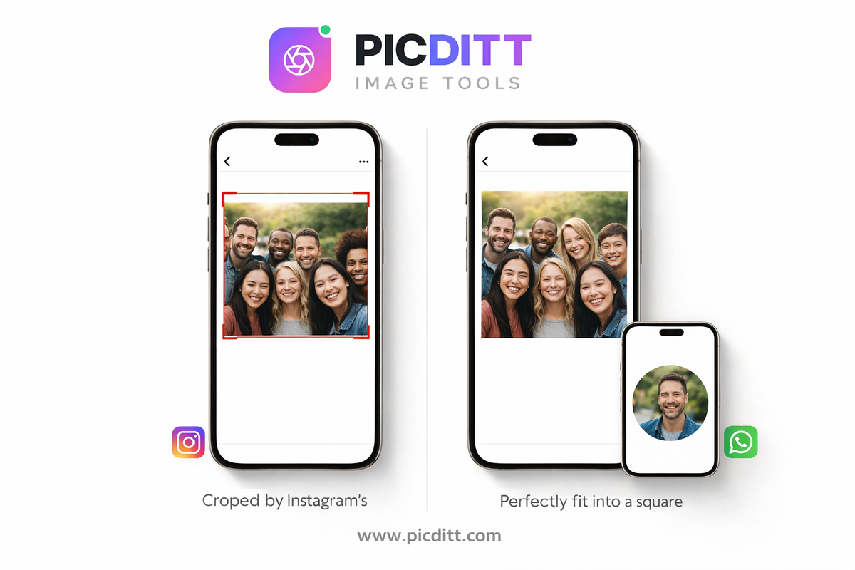 Side-by-side comparison of a cropped Instagram photo versus the same photo posted without cropping using a blurred background