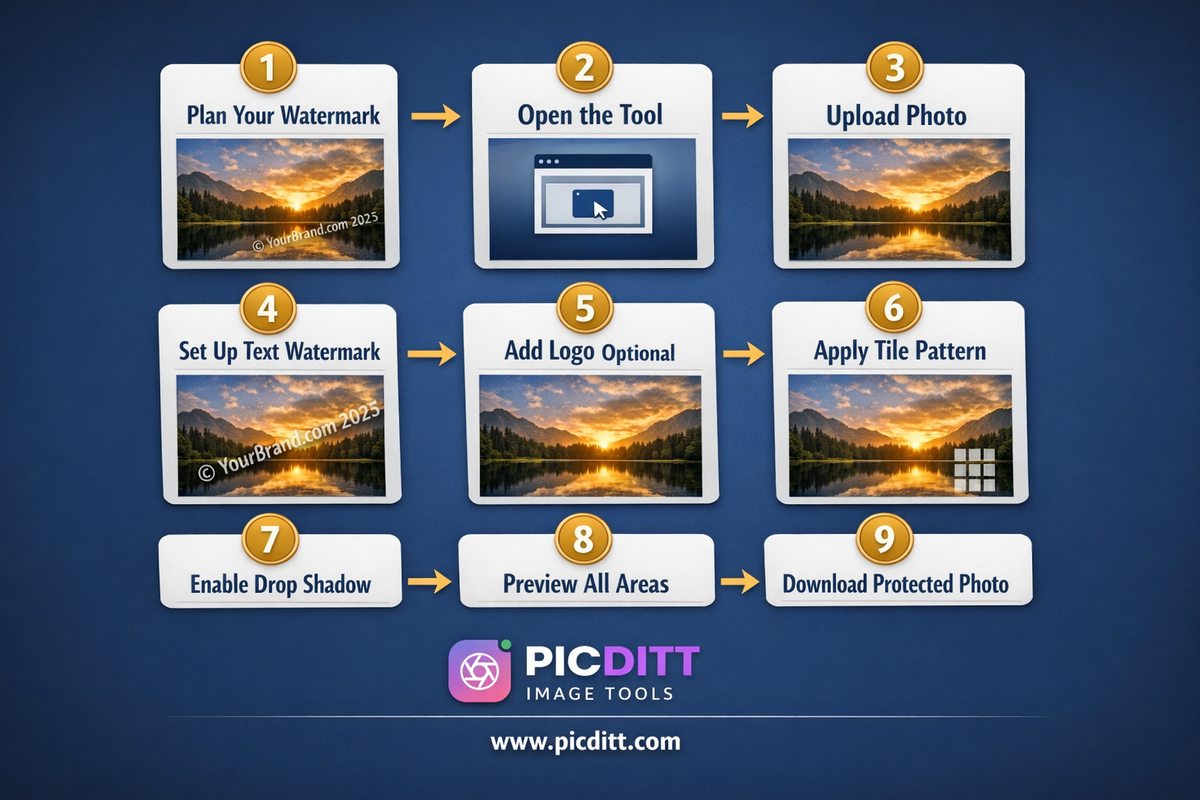 Nine step process flowchart showing the complete watermarking process from planning through uploading adding text logo tile pattern shadow preview and downloading