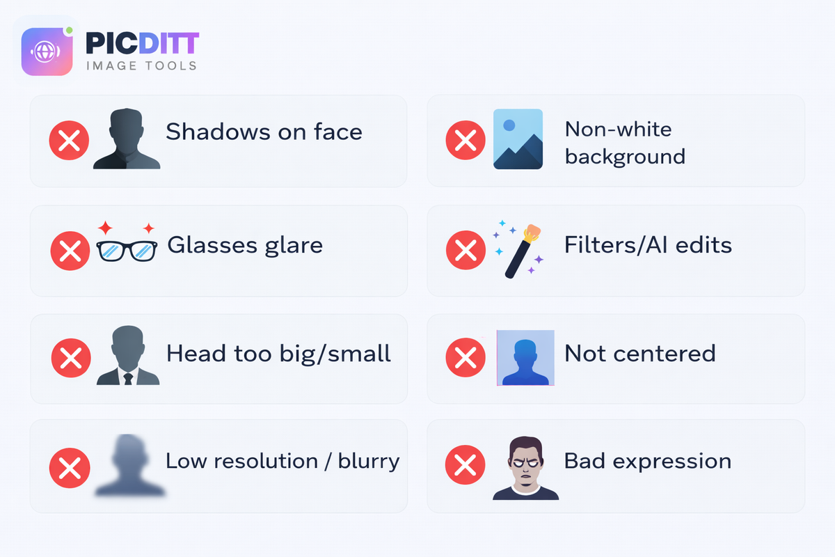 Common passport photo rejection reasons like shadows, glasses, wrong background, and filters