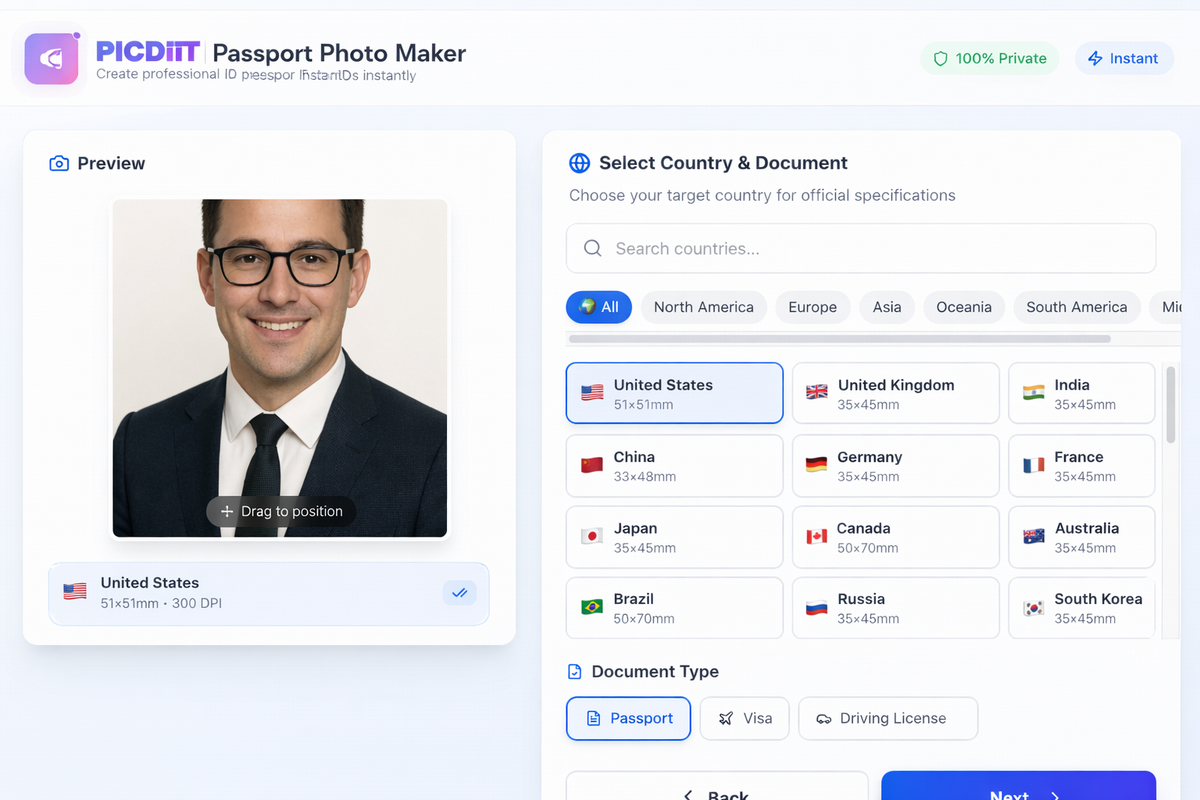 Country selection and passport photo preview with crop frame in Picditt