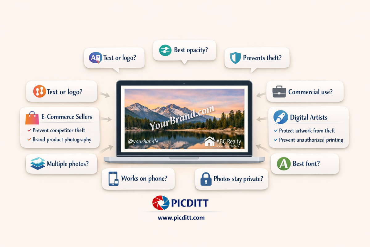 FAQ illustration showing a laptop with watermarked photo surrounded by floating question cards about font choice opacity theft prevention commercial use and privacy