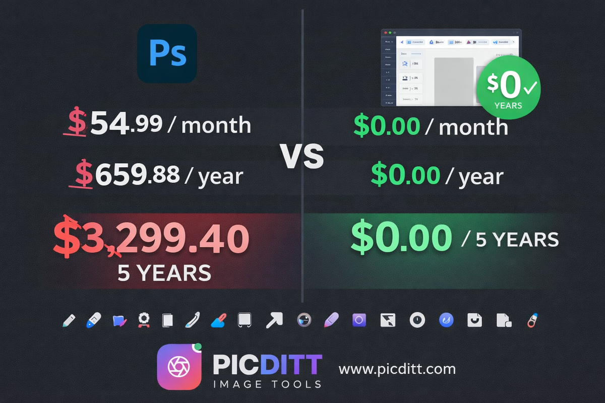 Cost comparison showing Adobe Photoshop subscription costs of $659 per year versus zero cost for free browser-based alternatives over one year and five years