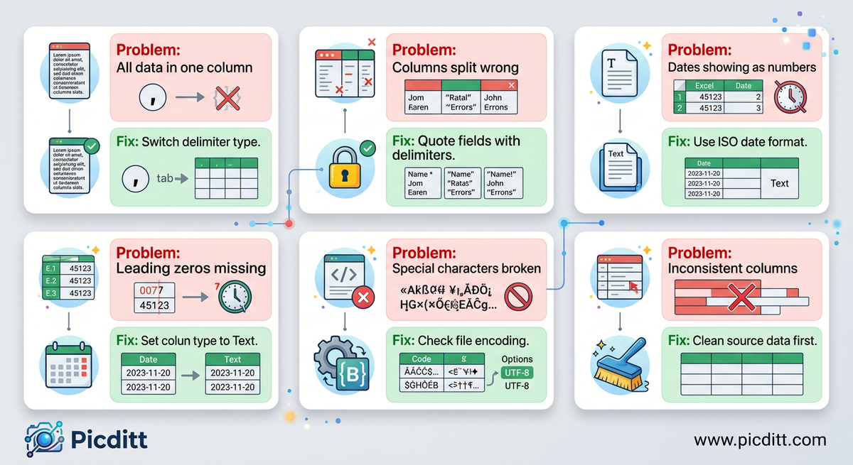 Troubleshooting infographic showing six common text to Excel conversion problems and their fixes including wrong delimiter leading zeros broken characters and inconsistent columns