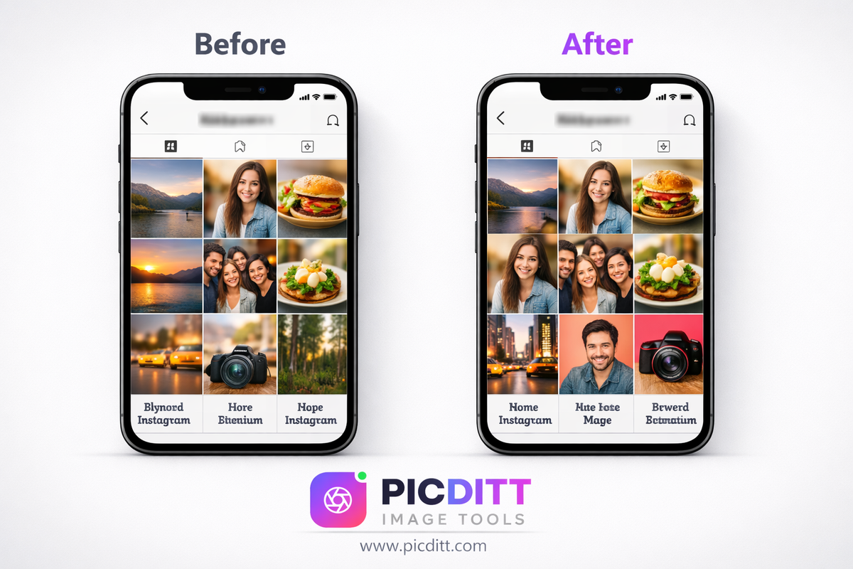 Before and after comparison of Instagram profile grids showing messy inconsistent posts versus a cohesive professional grid with consistent square formatting