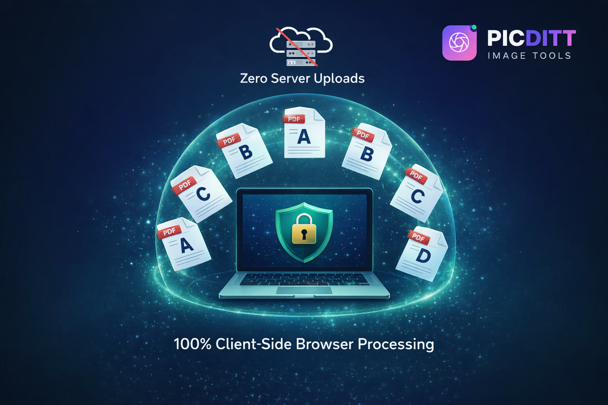 Security illustration showing Picditt PDF merger processes confidential files locally in the web browser without uploading data to any external server