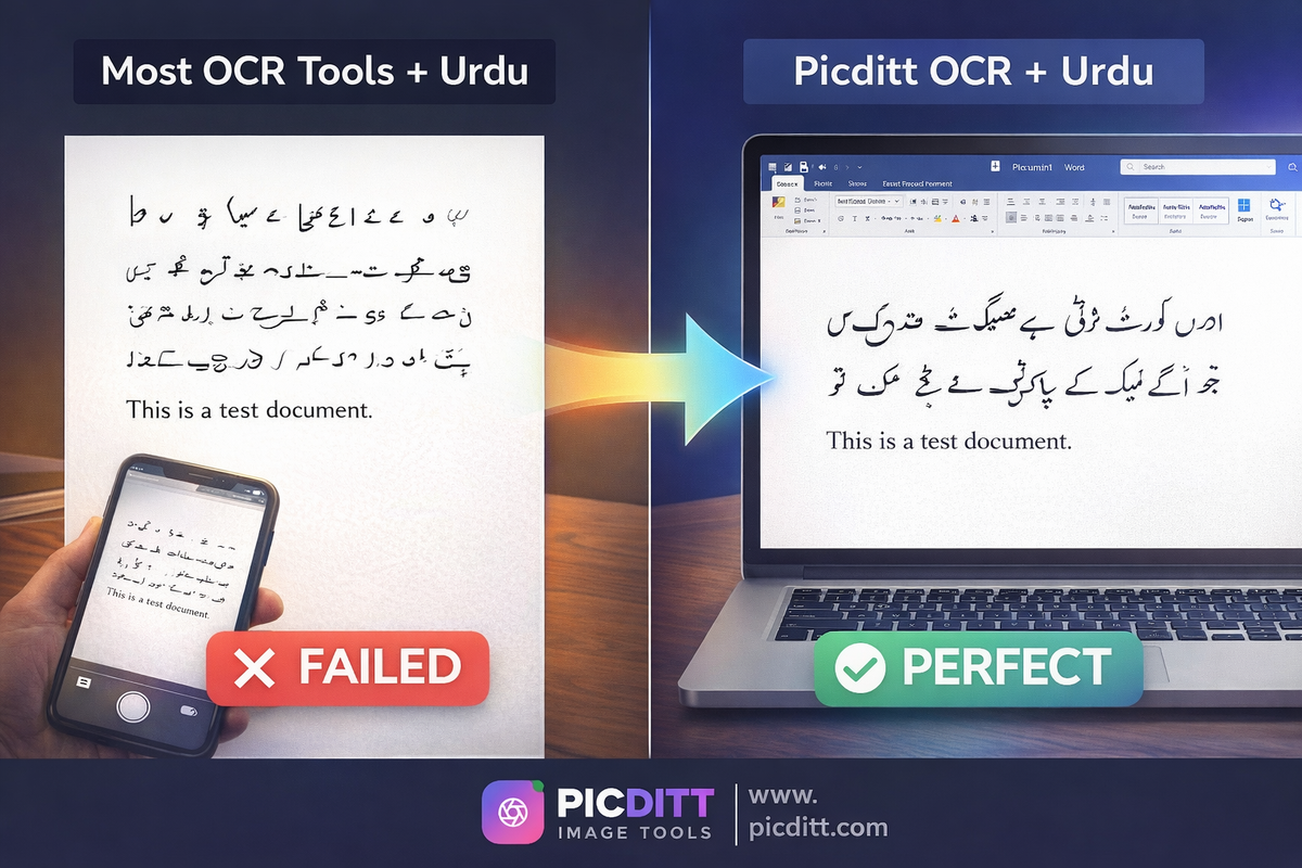 Before and after comparison showing garbled failed Urdu OCR output from typical tools versus correctly rendered Nastaliq Urdu text in a Word document from Picditt OCR