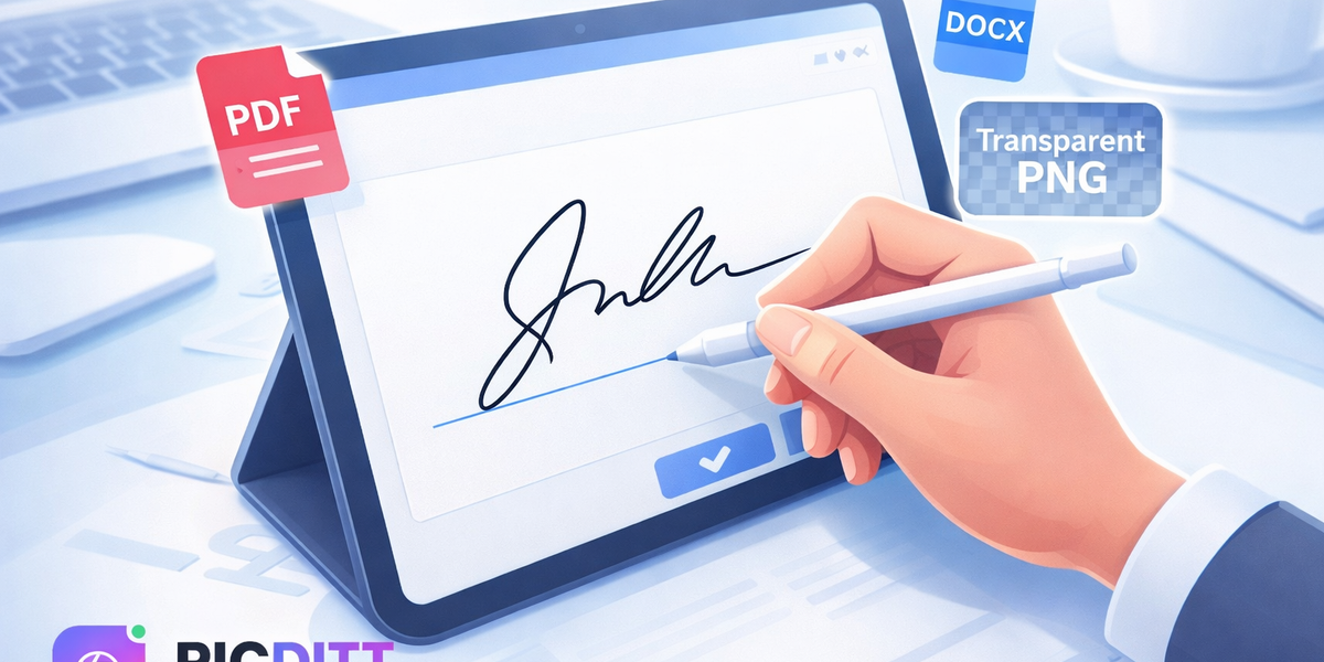 A person using a stylus on a tablet to create a smooth digital signature on a professional online signature pad interface
