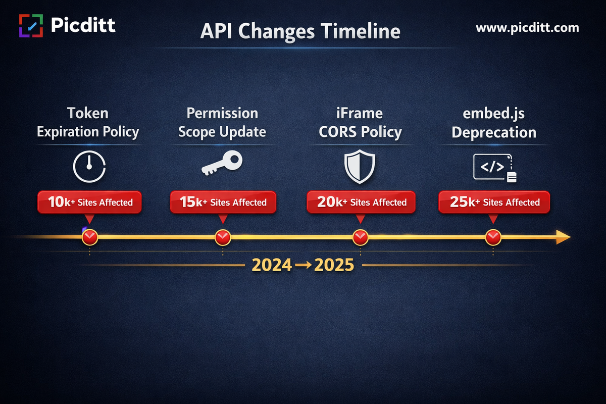 Timeline showing four Meta API changes in 2024 and 2025 that broke Instagram Reels embeds including token expiration permission scope CORS policy and embed.js deprecation