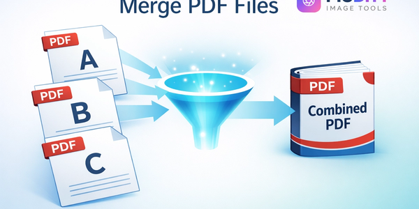 Illustration showing multiple individual PDF files being merged together into one single combined PDF document