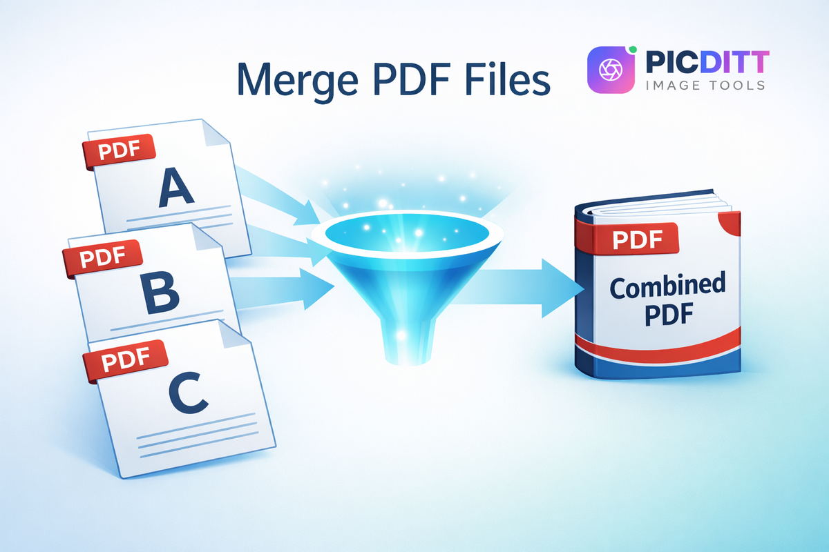 Illustration showing multiple individual PDF files being merged together into one single combined PDF document