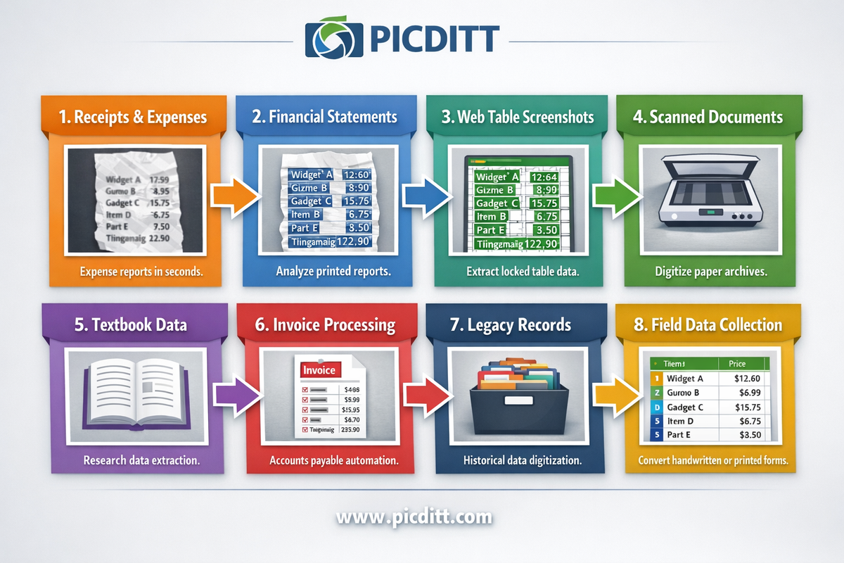 Eight use case cards showing different scenarios for image to Excel OCR conversion including receipts web screenshots financial statements scanned documents textbooks invoices and legacy records