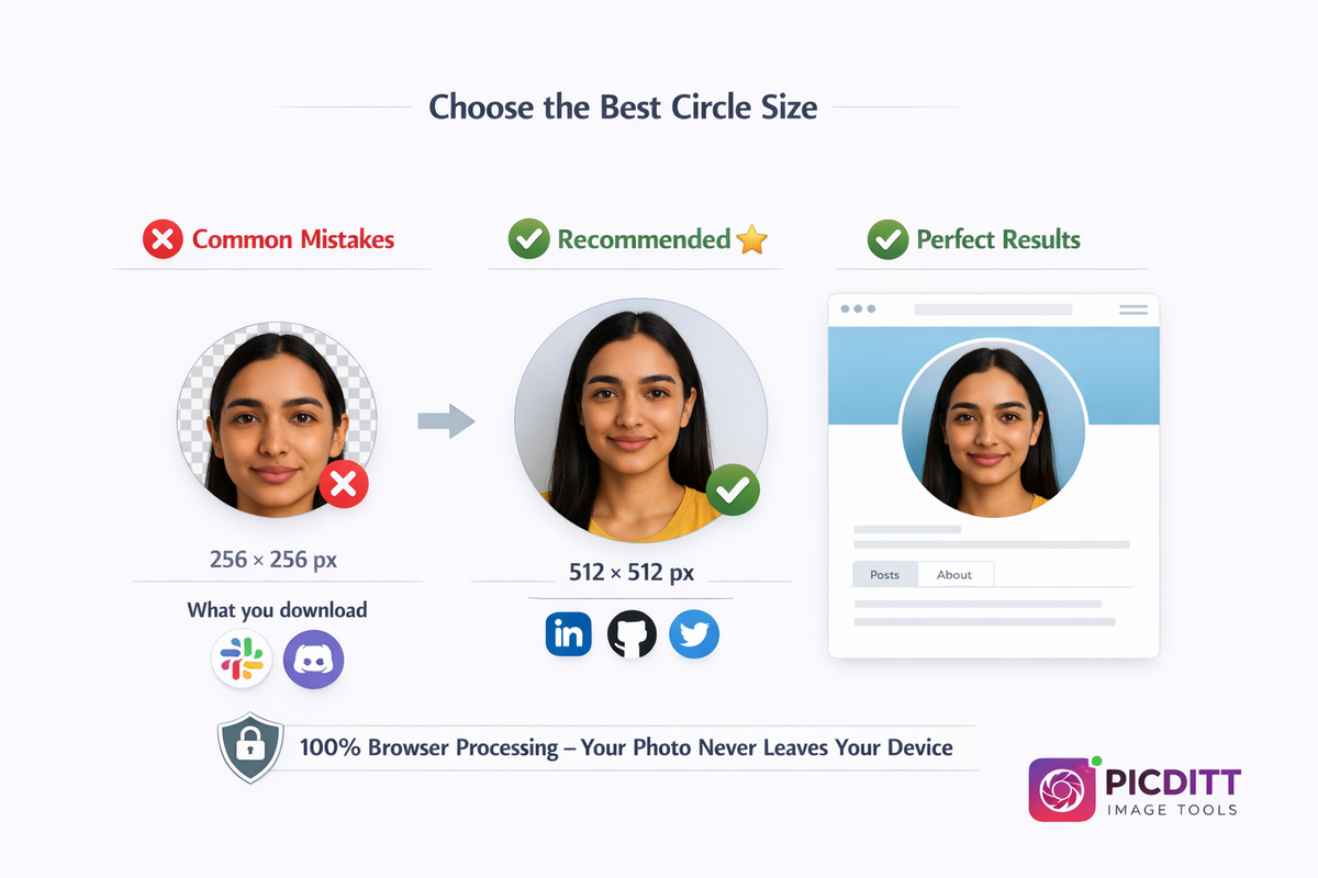 Illustration showing circle cropped PNG with transparent checkered background on left and how it displays perfectly on websites on right with privacy message