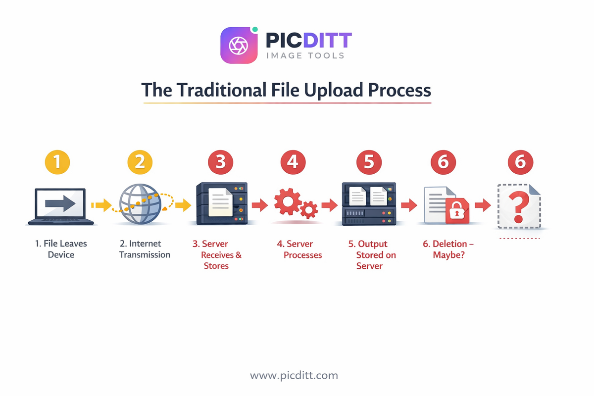 Six step infographic showing what happens to your file when you upload it to an online converter from transmission through server storage processing and uncertain deletion