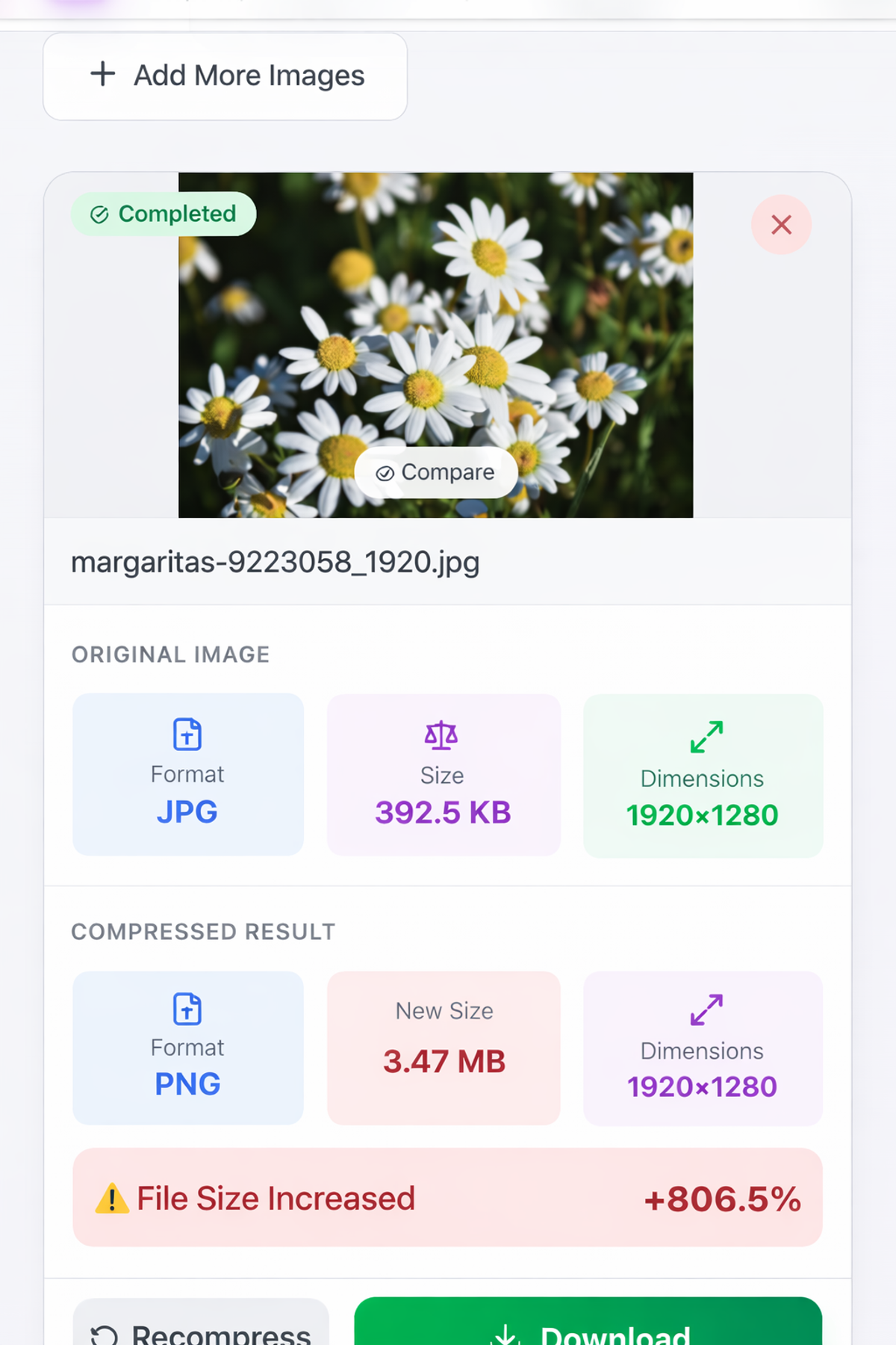 PicDitt image compressor showing compression result with original and reduced file size comparison