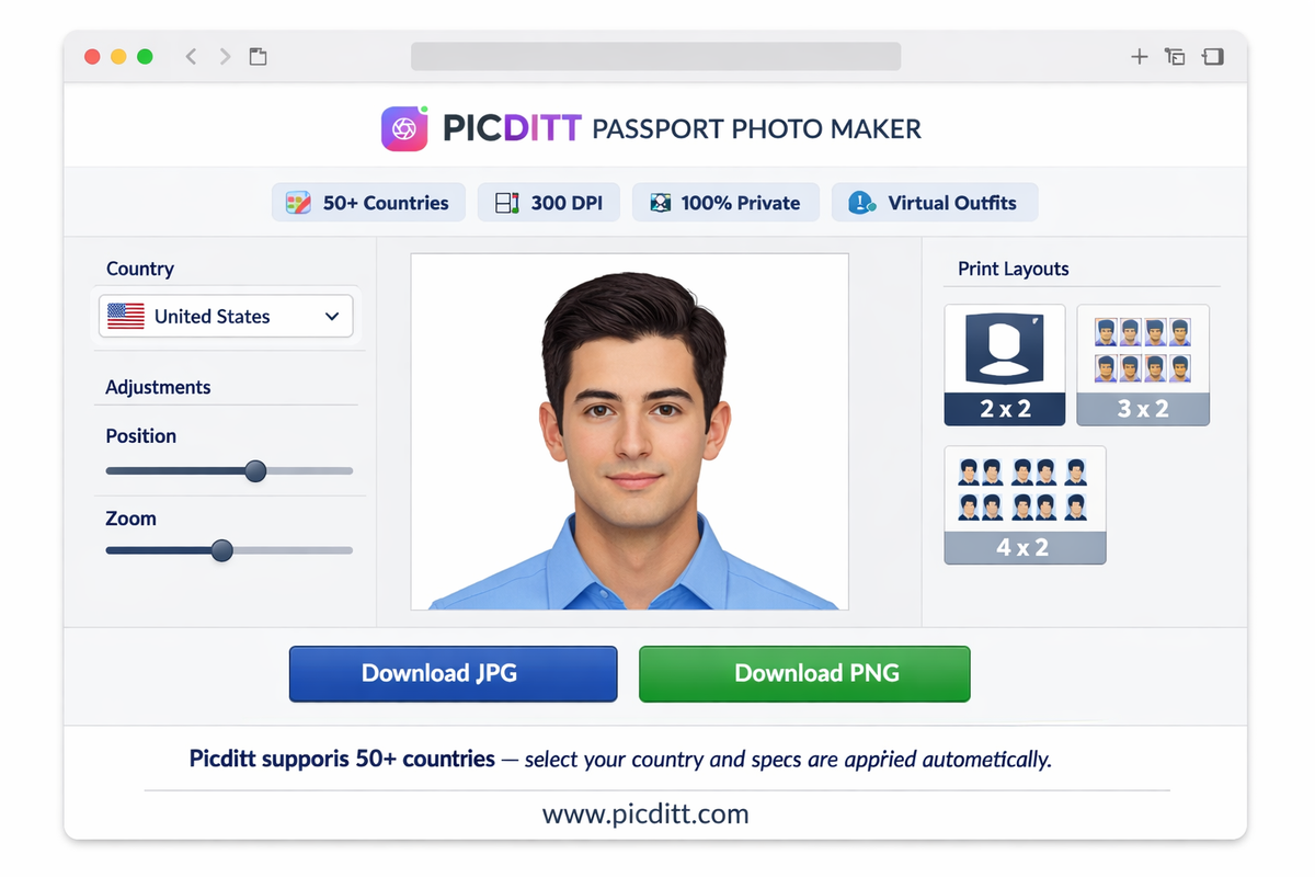 Picditt Passport Photo Maker interface showing a formatted passport photo with country selector adjustment controls print layout options and download buttons