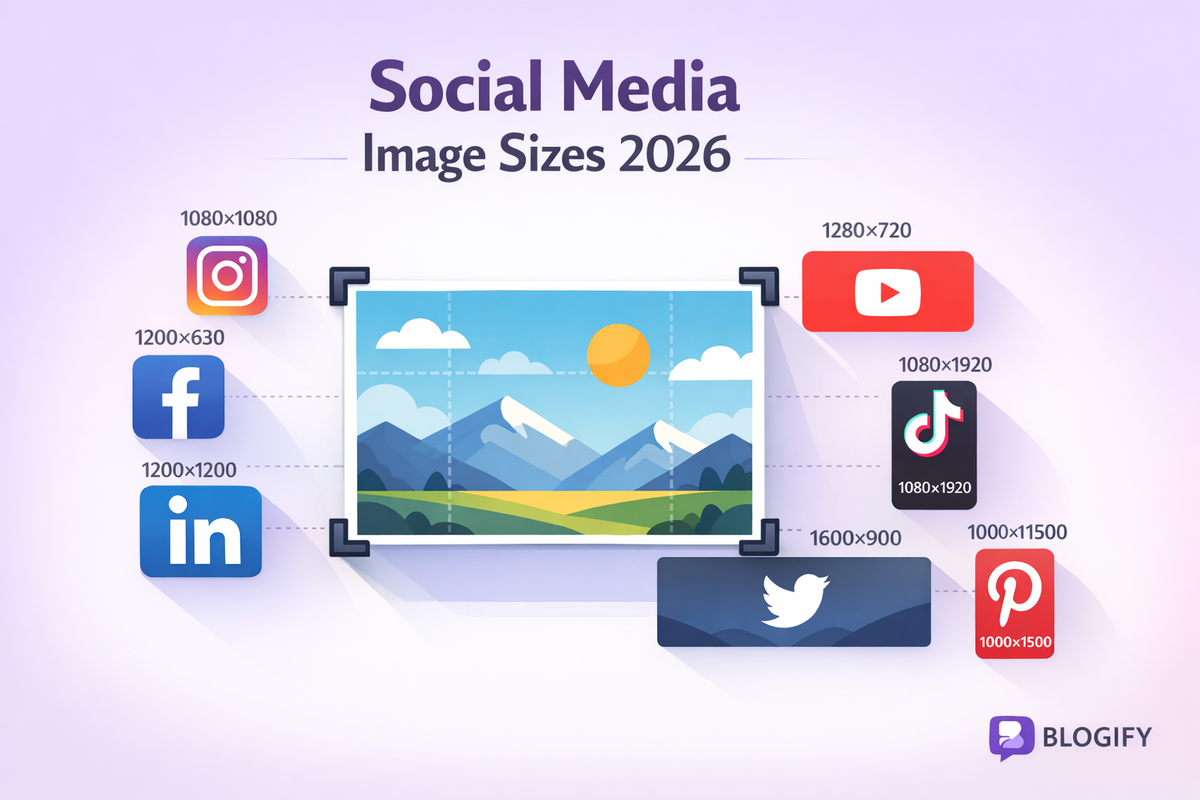 Photo being cropped for social media with Instagram Facebook YouTube TikTok LinkedIn and Twitter icons showing correct image dimensions for 2026 