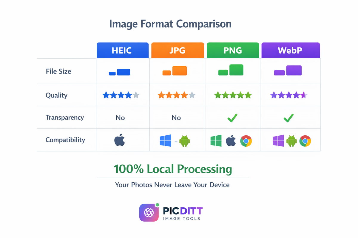 Image format comparison chart showing HEIC JPG PNG and WebP differences in file size quality and compatibility