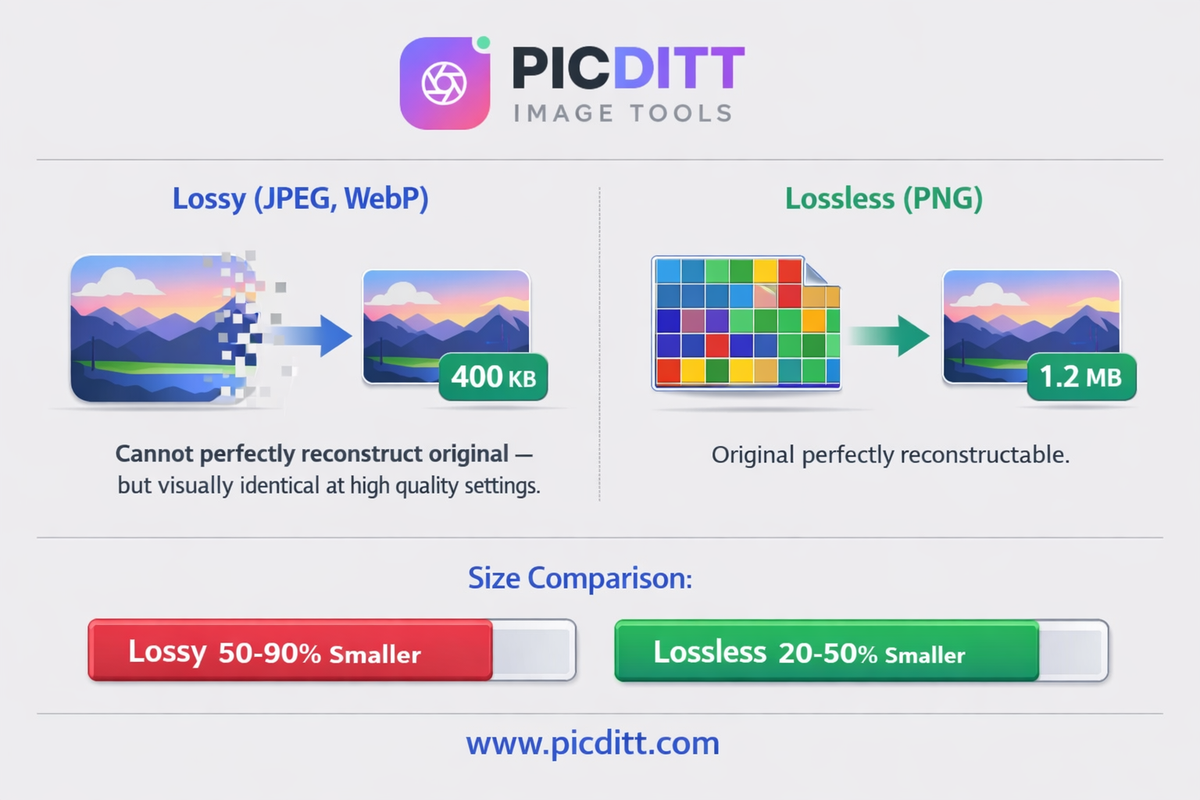 Diagram explaining the difference between lossy compression used by JPEG and WebP versus lossless compression used by PNG with size reduction comparisons