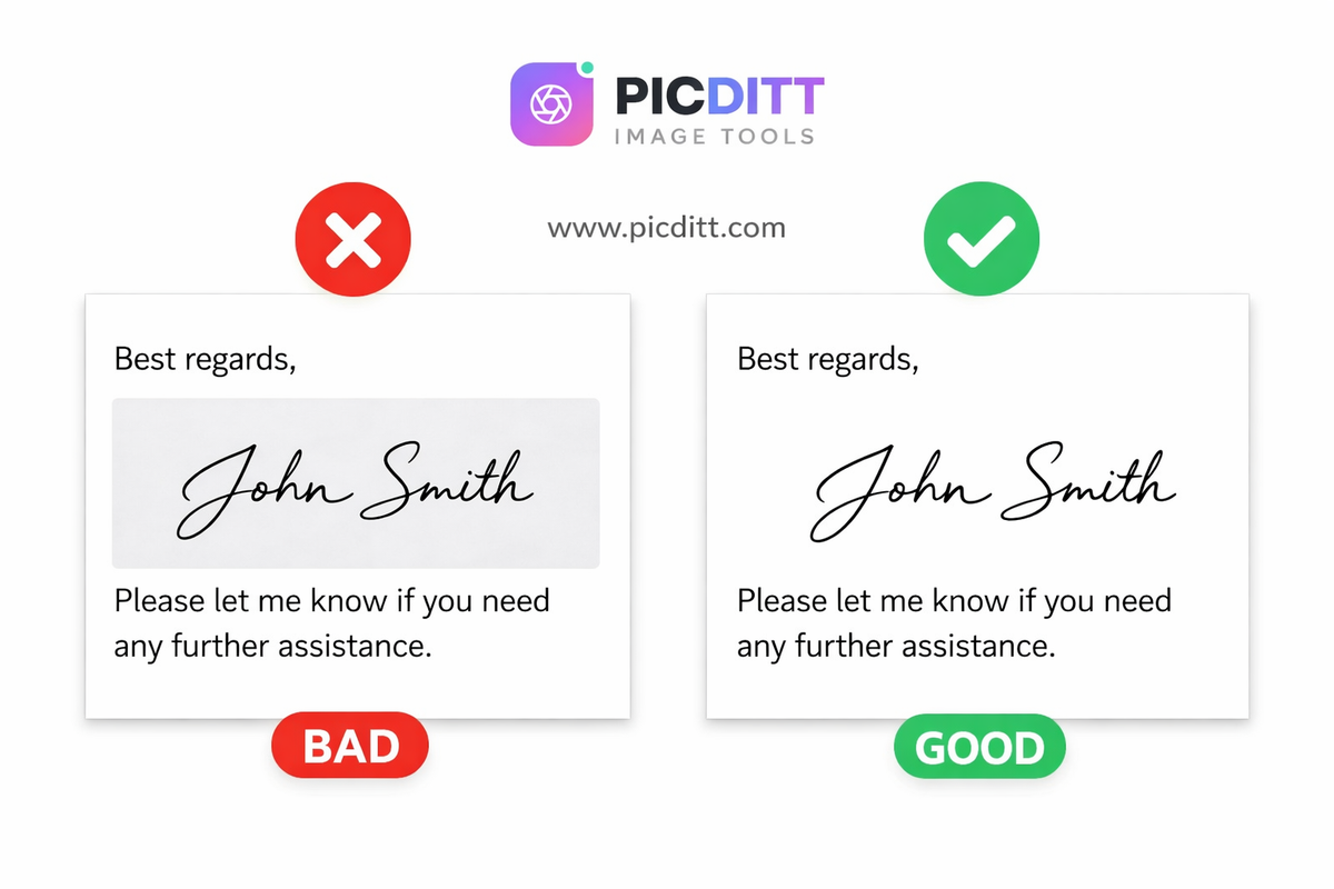 Comparison of a messy signature with a background versus a professional transparent digital signature on a document