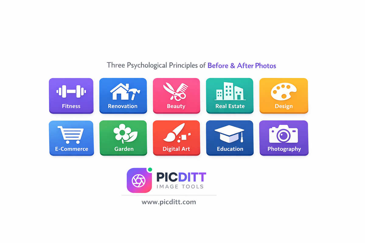 Grid of ten use case icons showing before and after comparison photo applications including fitness renovation beauty real estate design e-commerce garden art education and photography