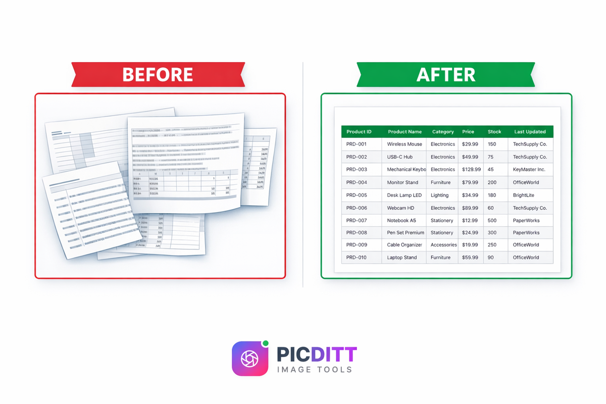 Before and after comparison showing messy Excel printout with cut off columns on left and perfectly formatted PDF output on right after using Picditt Excel Print Fixer