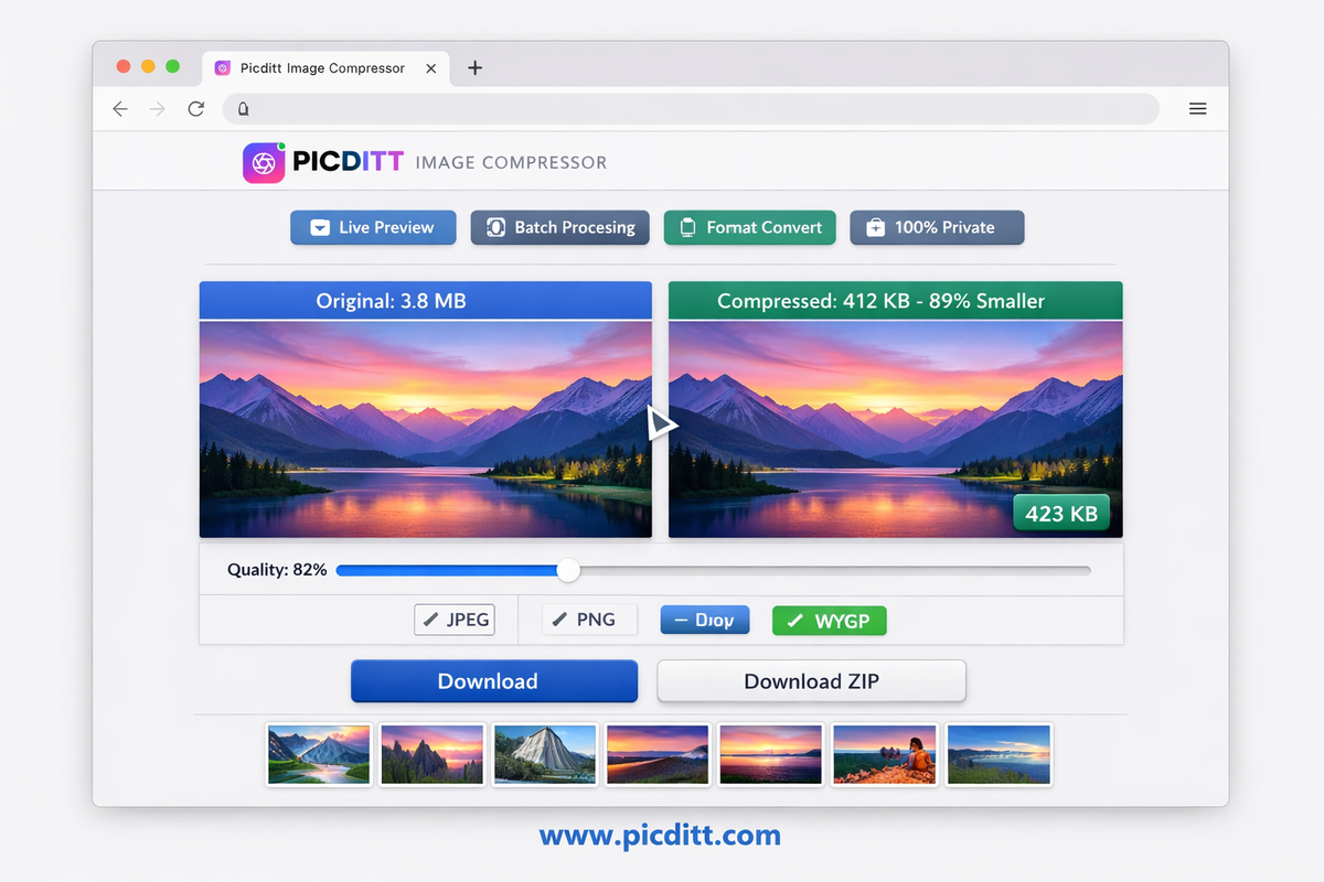 Picditt Image Compressor interface showing side by side before and after comparison with 89 percent file size reduction quality slider format selector and batch processing queue