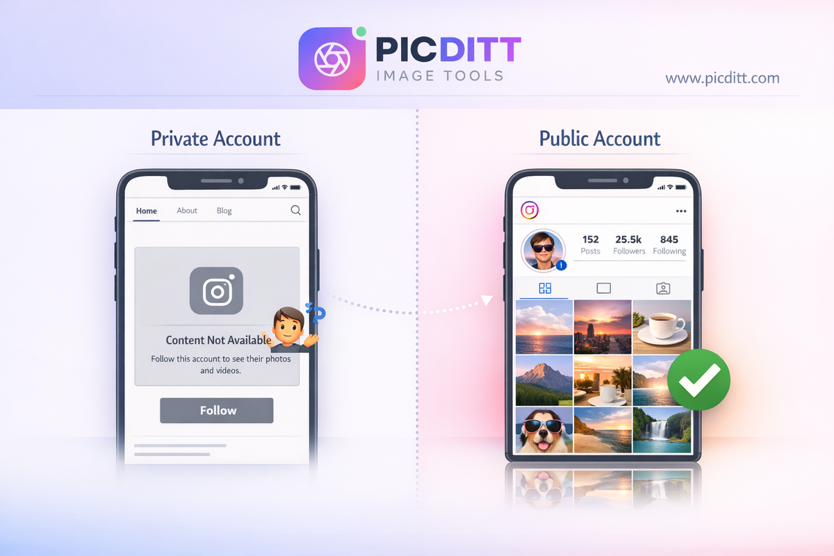 Private Instagram account with lock icon compared to public account with visible posts