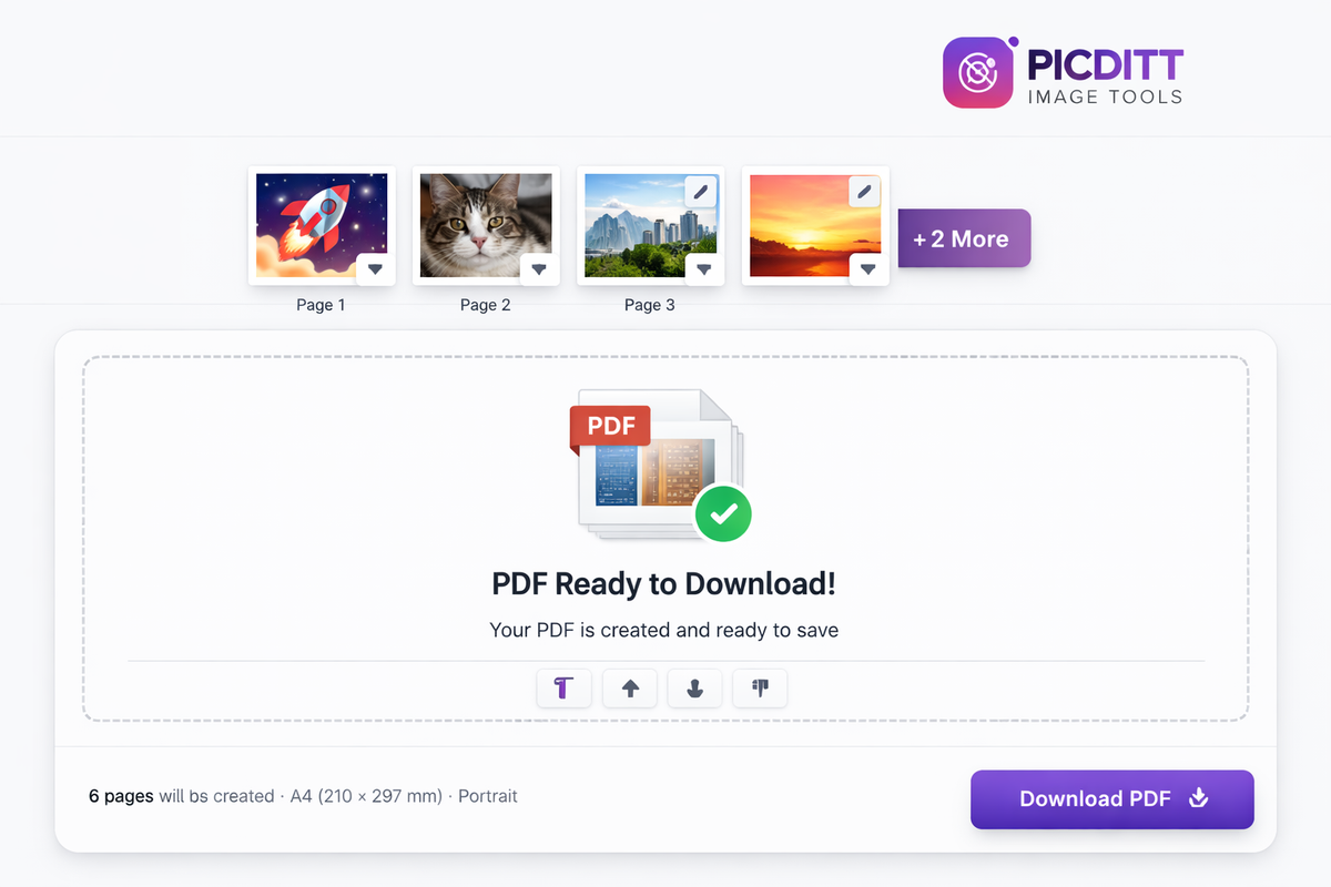 PicDitt image to PDF converter showing completed multi-page PDF document ready for download