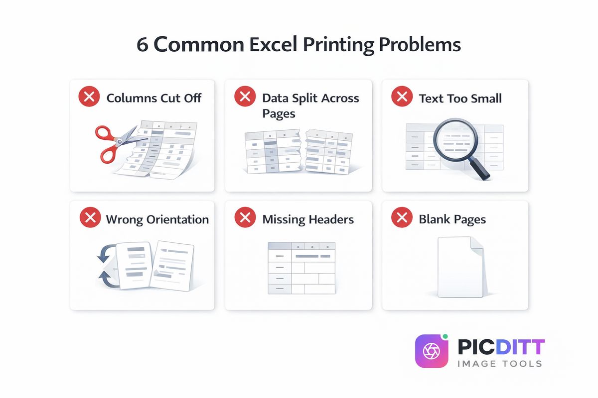 Infographic showing six common Excel printing problems including columns cut off data split across pages text too small wrong orientation missing headers and blank pages