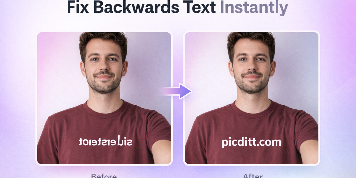 before and after fixing backwards text in selfie using mirror tool