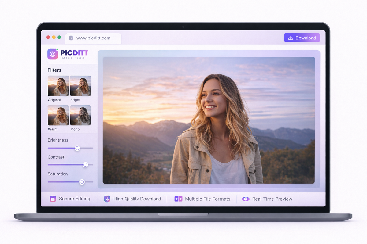 Features of an online image filter tool including preview, security, and formats