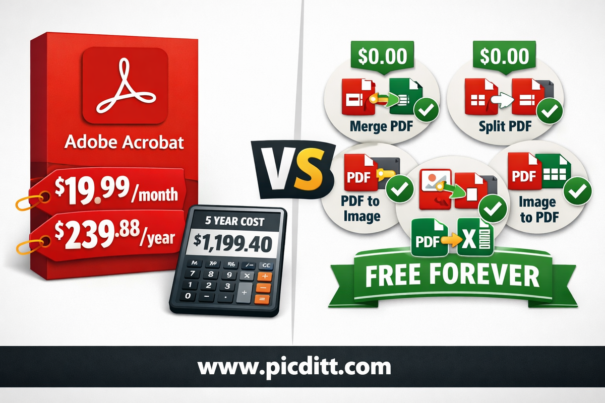 Price comparison showing Adobe Acrobat annual subscription cost of $239.88 per year versus five completely free PDF tools that perform the same tasks