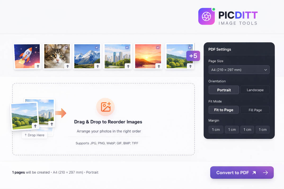 PicDitt PDF converter customization options showing page size orientation fit mode and margin settings