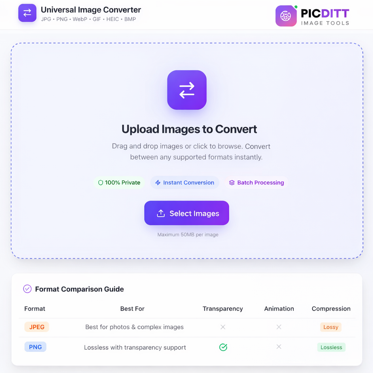 Picditt free online image converter tool interface showing HEIC to JPG conversion option