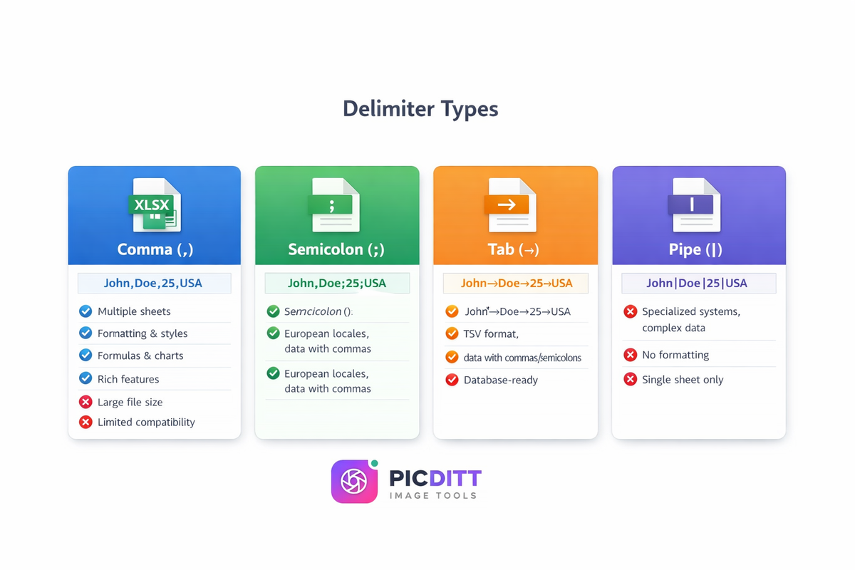 Infographic explaining four CSV delimiter types comma semicolon tab and pipe with examples and when to use each one