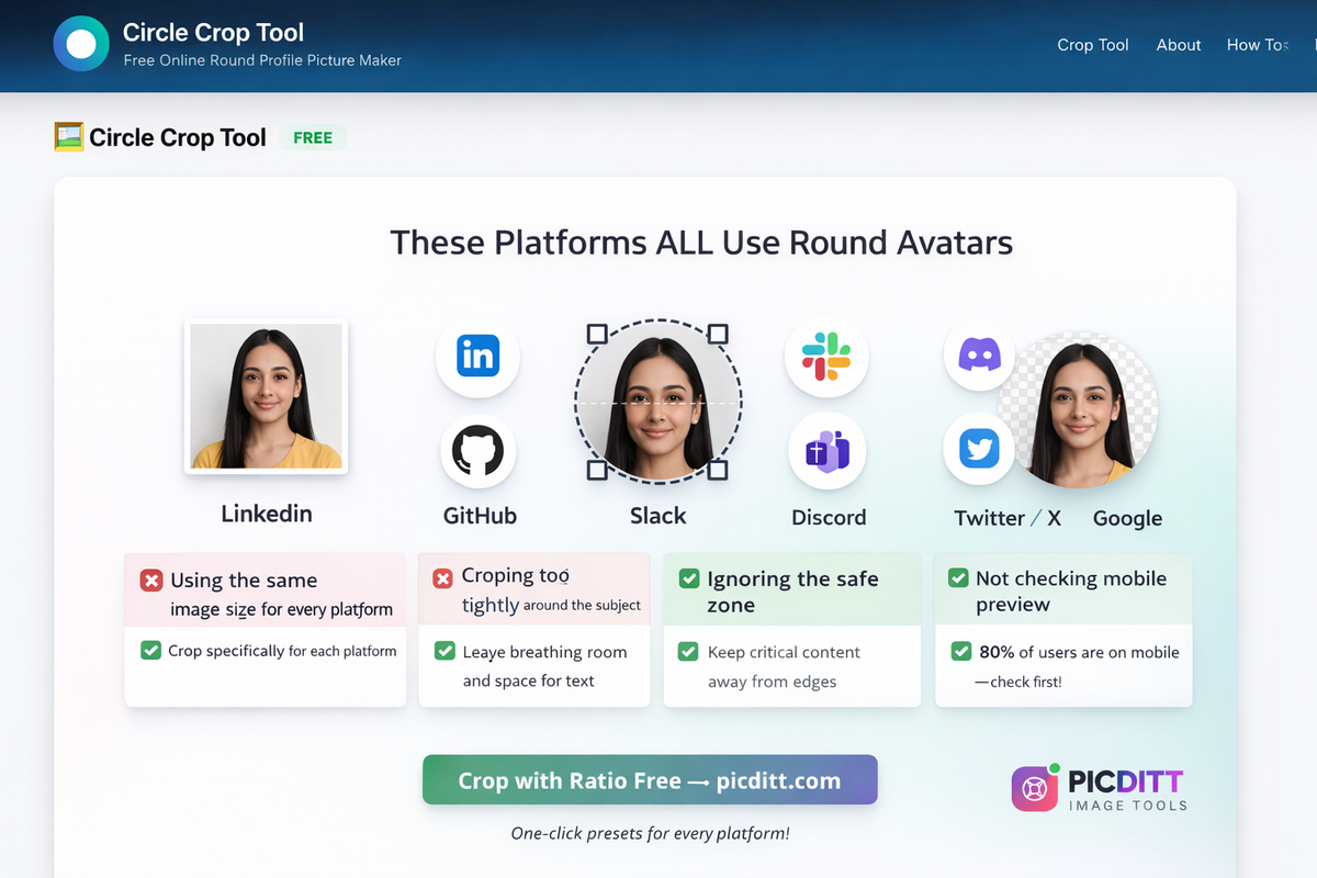 Picditt free online circle crop tool interface showing drag and drop upload area for creating round profile pictures from JPG PNG and WebP images