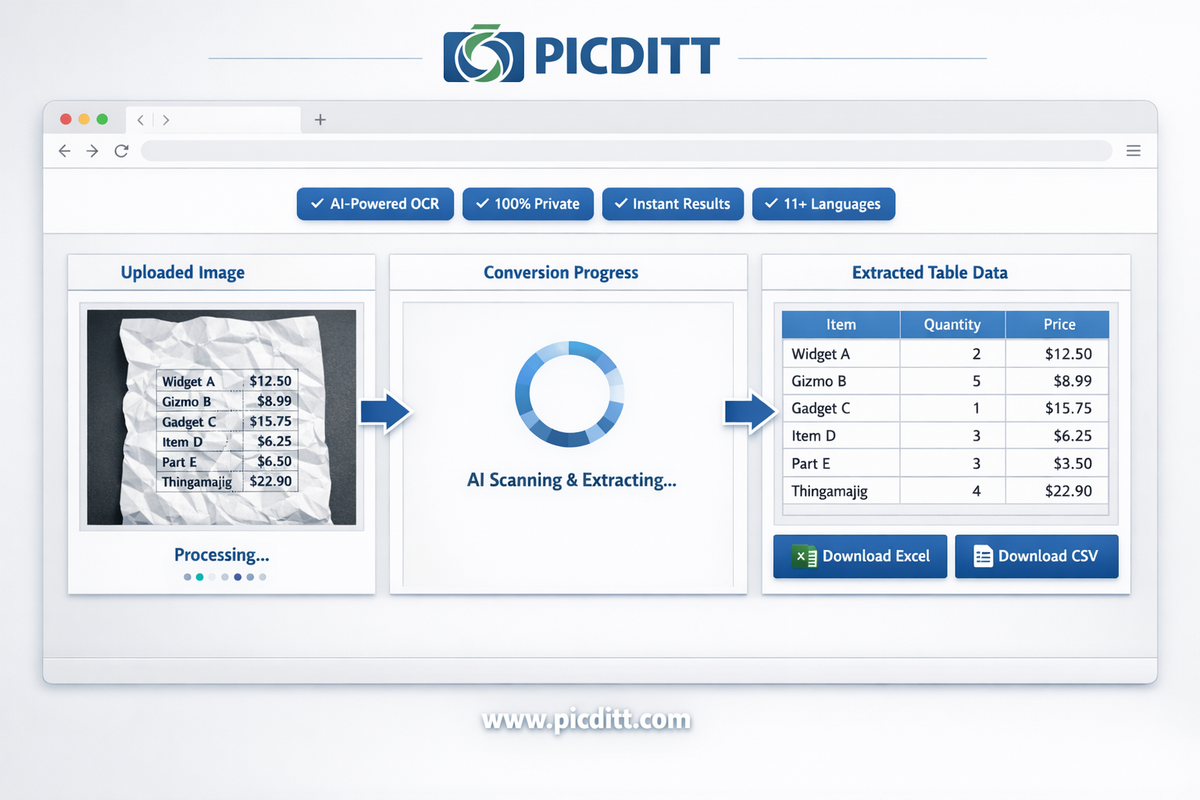 Picditt Image to Excel converter interface showing a receipt photo being processed by AI OCR with extracted data appearing in an editable spreadsheet table