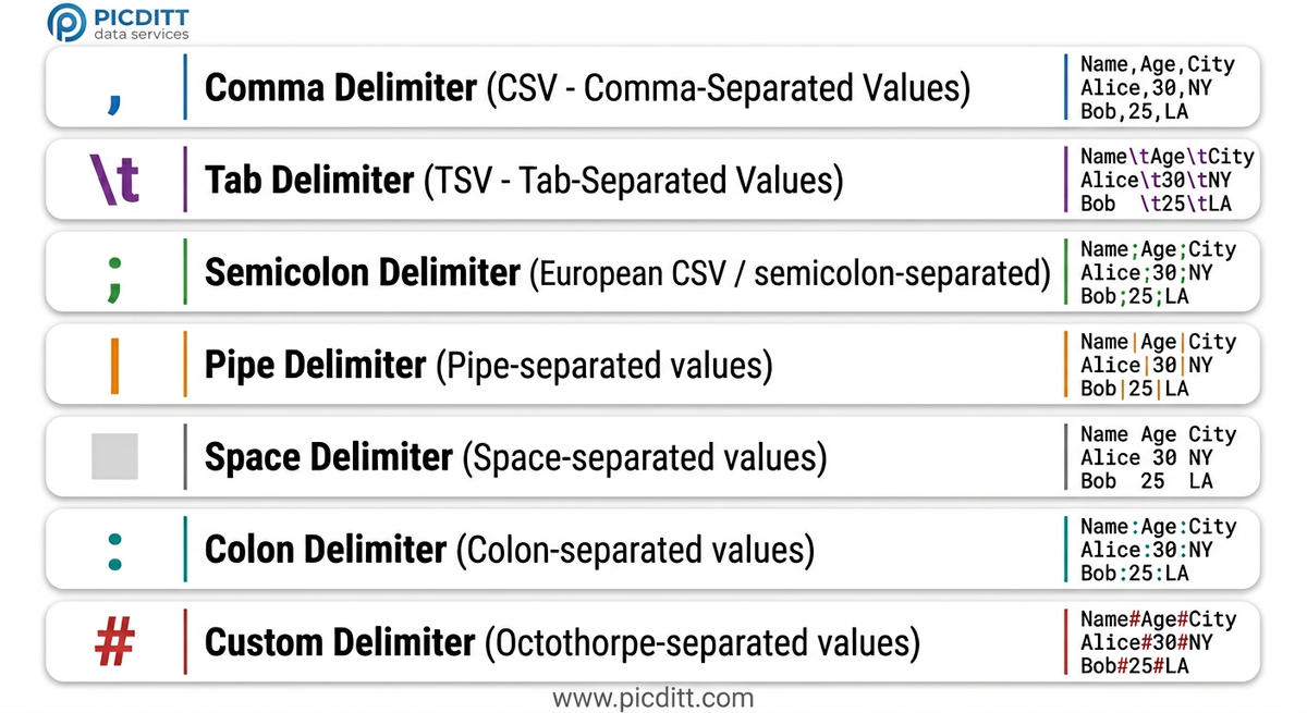 Visual reference card showing seven text delimiters including comma tab semicolon pipe space colon and custom with examples of each format