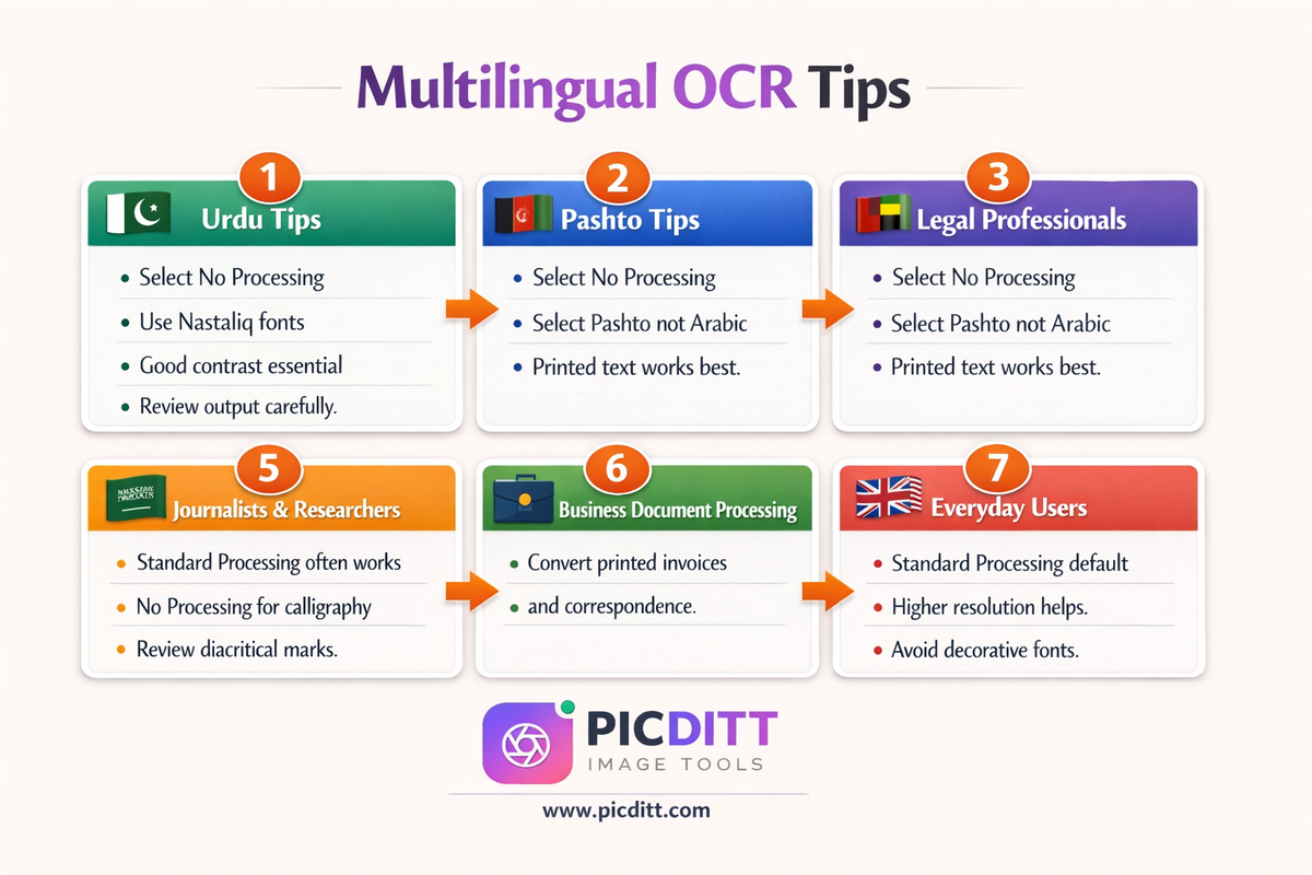 Language specific OCR tips for Urdu Pashto Arabic and English showing preprocessing mode recommendations font guidance and accuracy tips for each script type