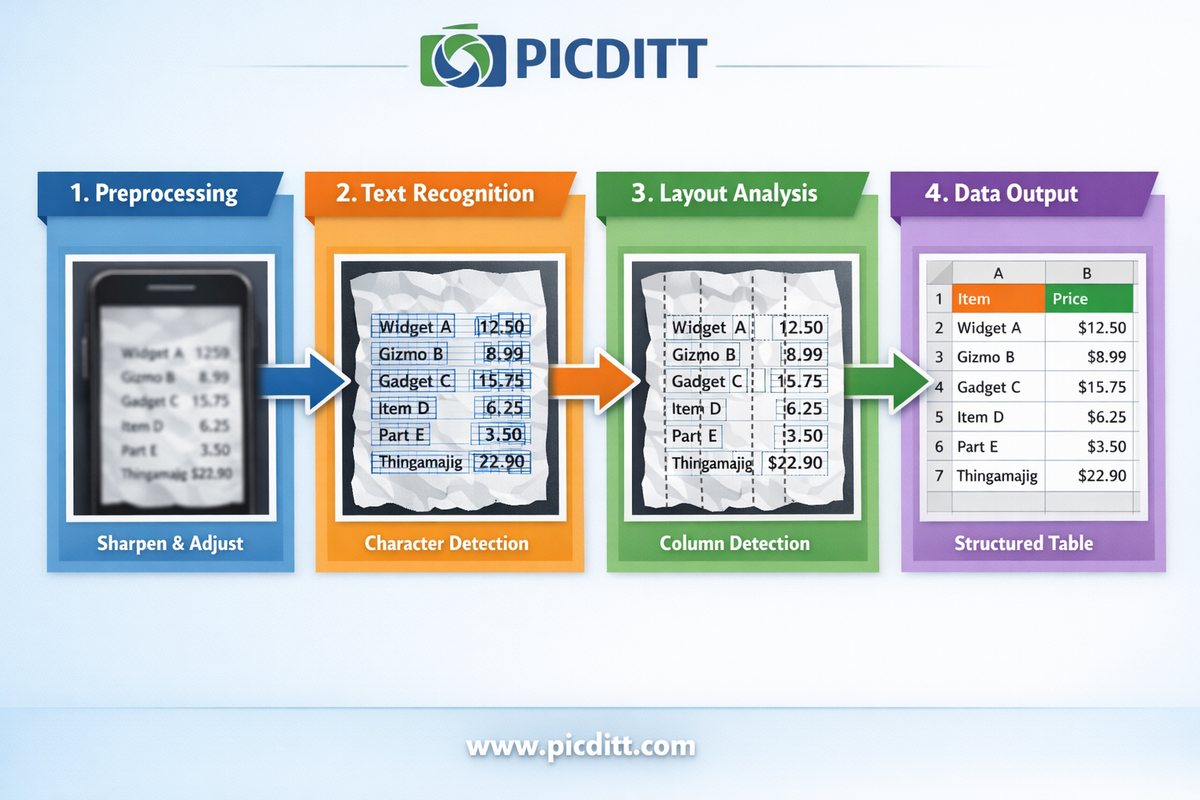 Four stage OCR process diagram showing image preprocessing character recognition layout analysis and structured Excel output for image to spreadsheet conversion