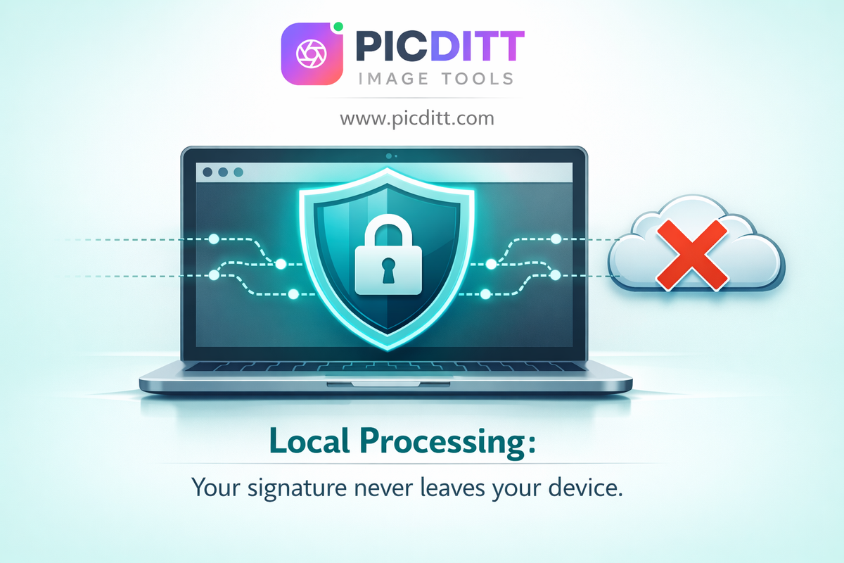 Illustration showing that digital signatures are processed locally in the browser for maximum privacy