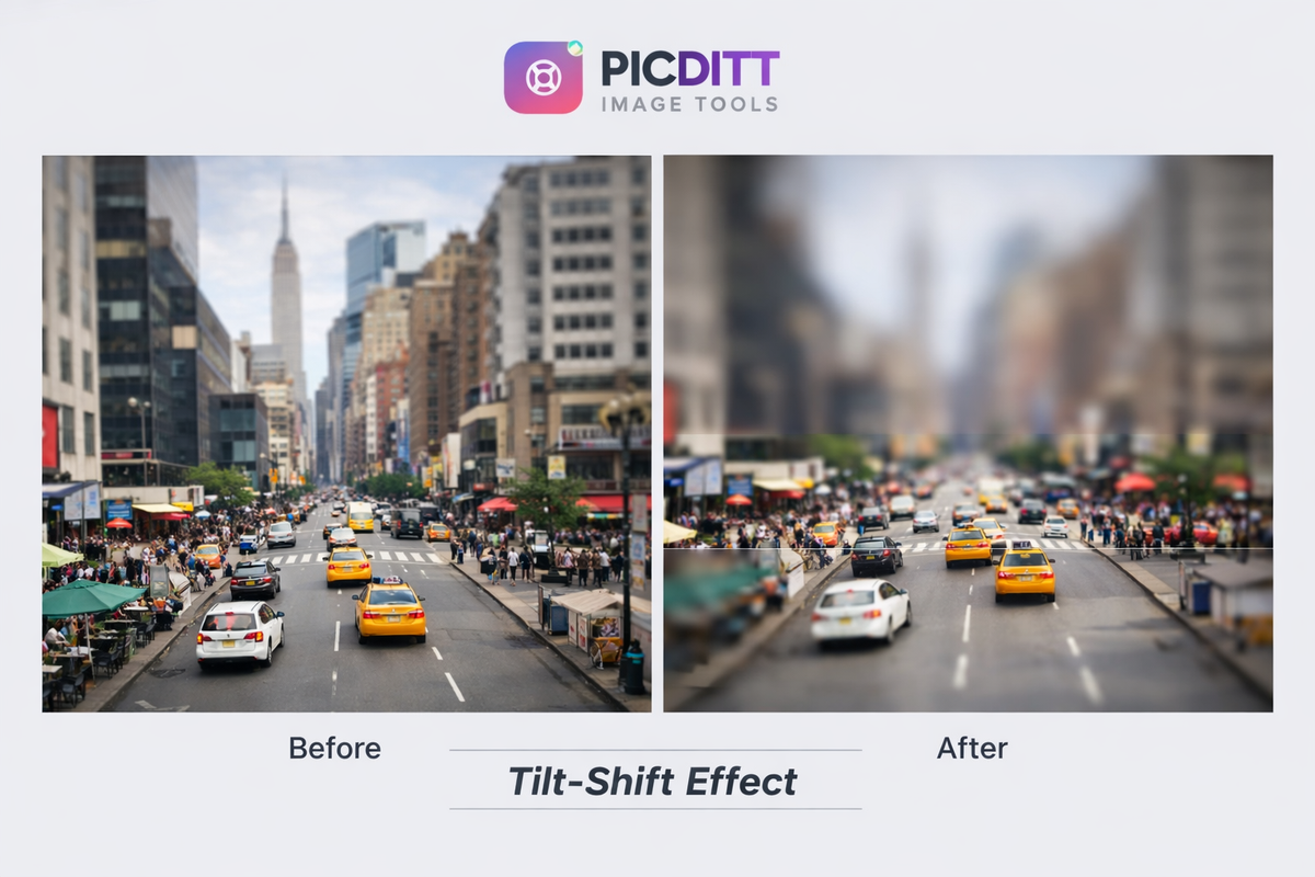 Before and after example of tilt-shift blur creating a miniature effect