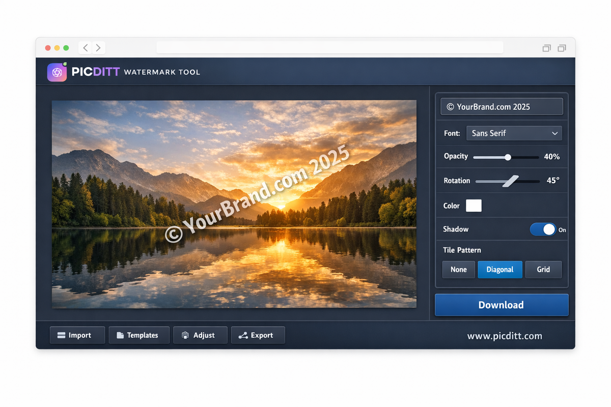Picditt watermark tool interface showing a landscape photo with diagonal copyright watermark applied and control panel with opacity font rotation color and shadow settings