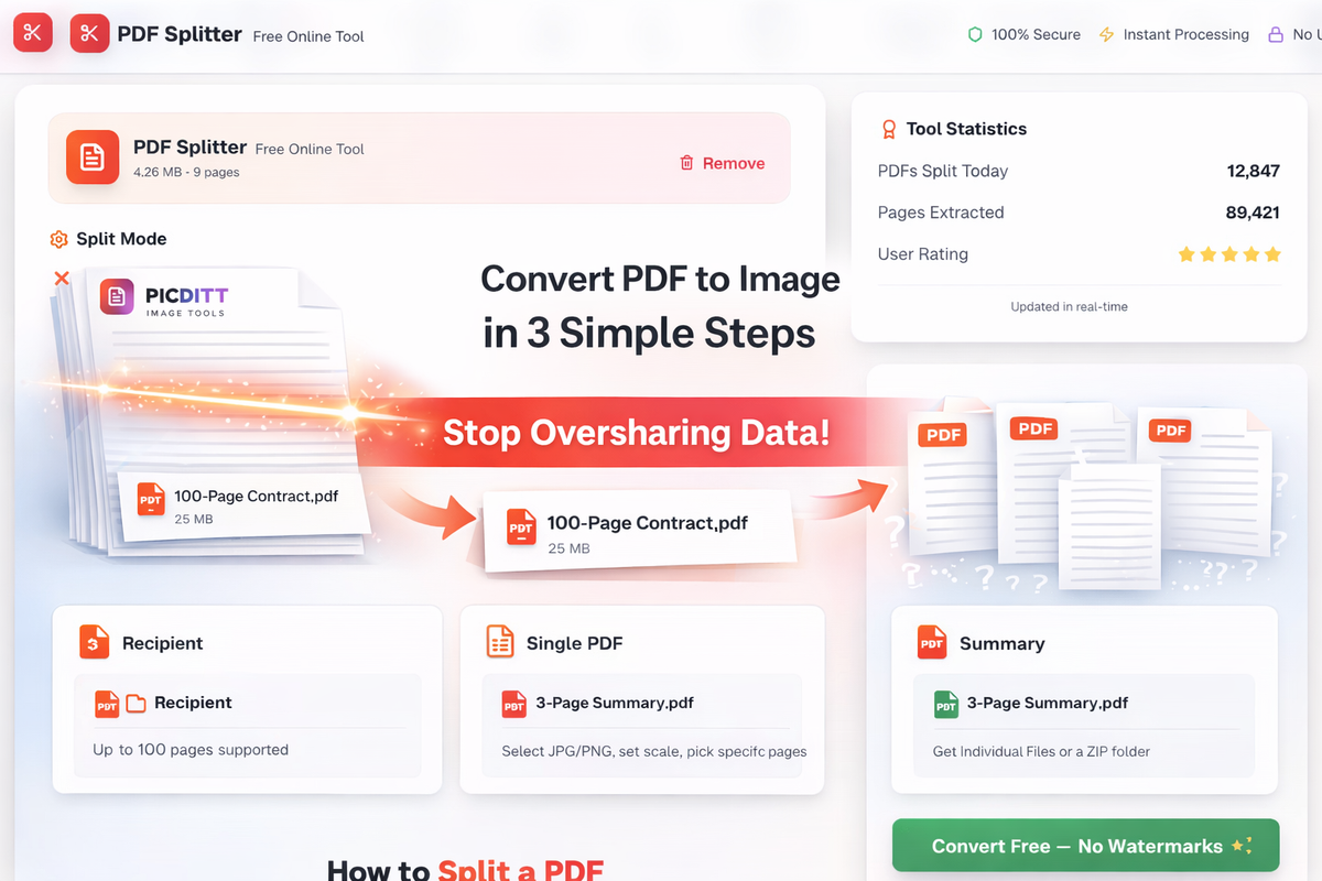 Picditt PDF splitter showing visual grid interface where users can click to select individual pages to extract