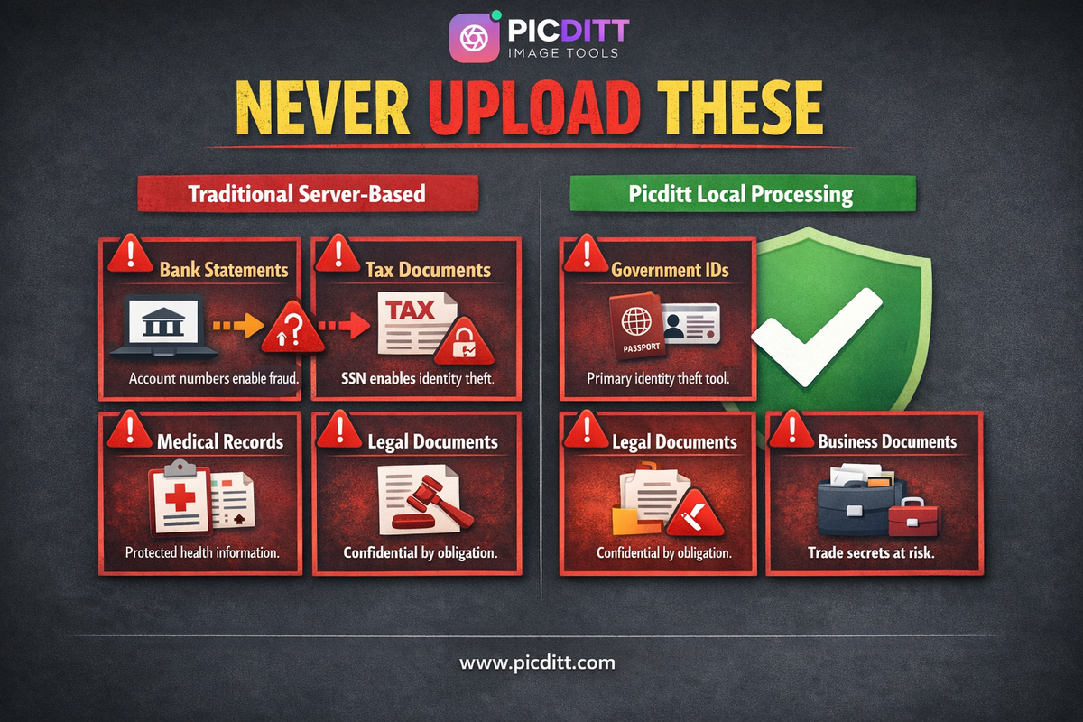 Six file types that should never be uploaded to online converter sites including bank statements tax documents government IDs medical records legal documents and business confidential information