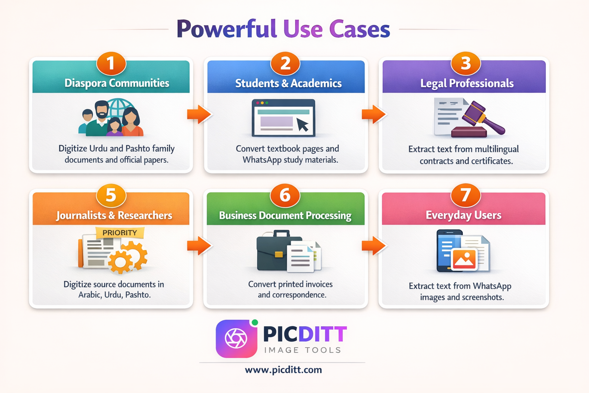 Six use case cards showing who uses image to Word OCR conversion including diaspora communities students legal professionals journalists businesses and everyday users extracting text from WhatsApp screenshots