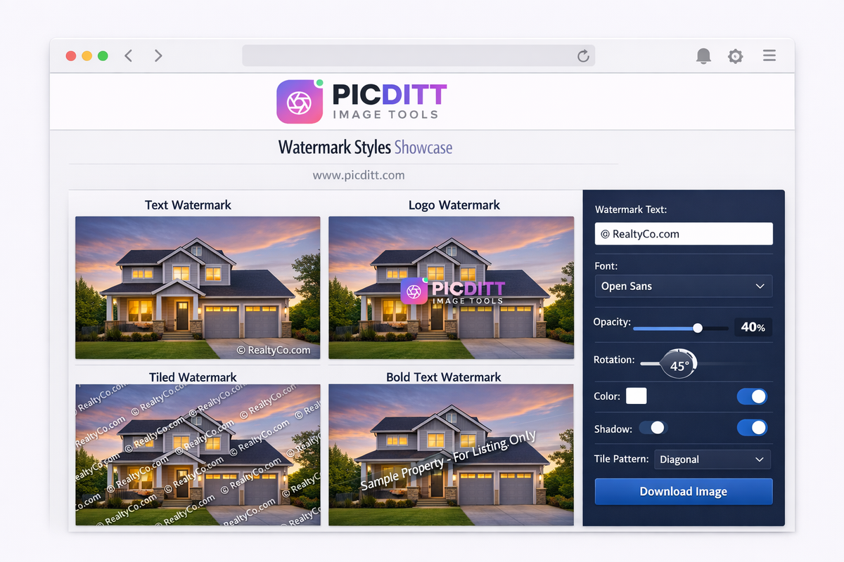 Picditt watermark tool interface showing a real estate photo with watermark applied and control panel with opacity font color and rotation settings
