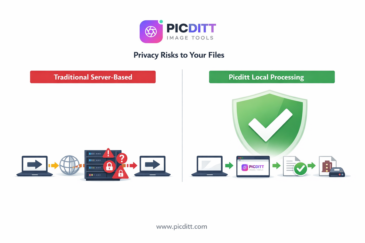 Comparison diagram showing traditional server-based file processing flow versus local browser-based processing that never sends files to any server