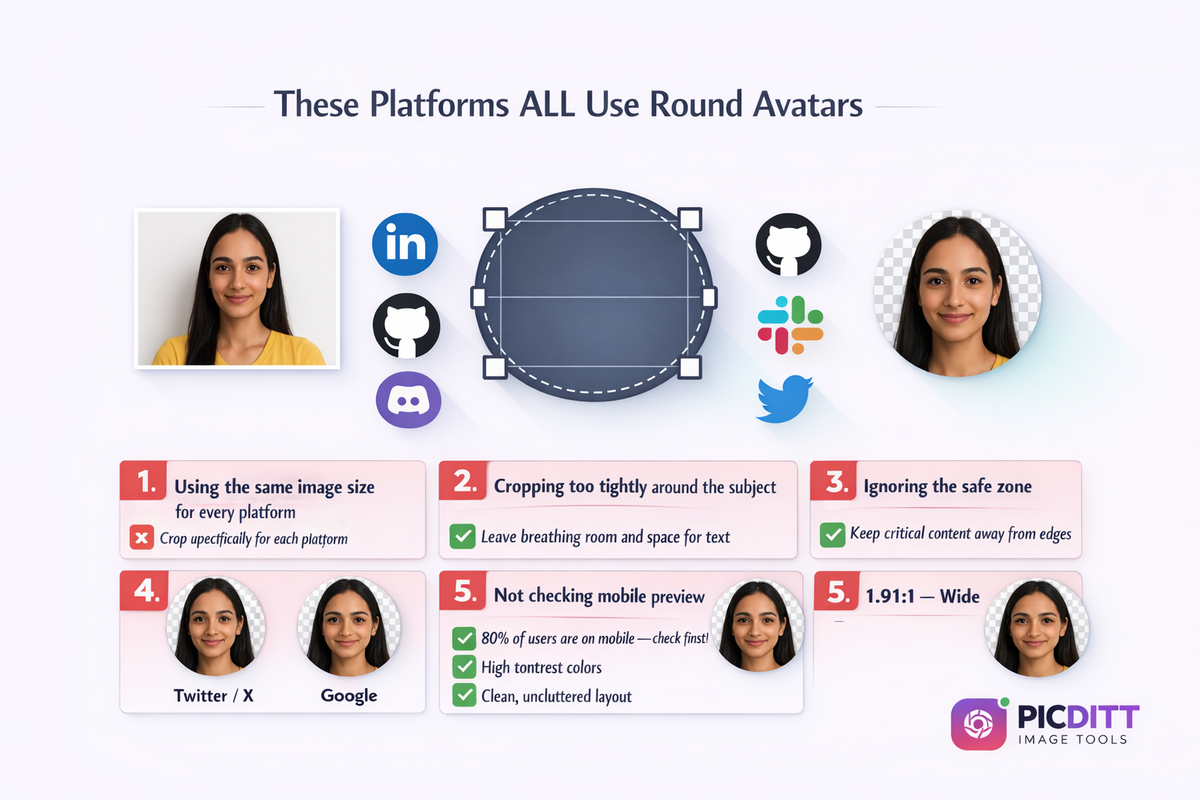 Infographic showing eight platforms that display circular profile pictures including LinkedIn GitHub Slack Discord Twitter Google Zoom and Microsoft Teams